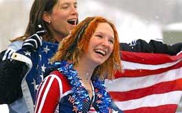 Tristan celebrating winning the gold medal at the 2002 Olympic Winter Games in her home state of Utah.